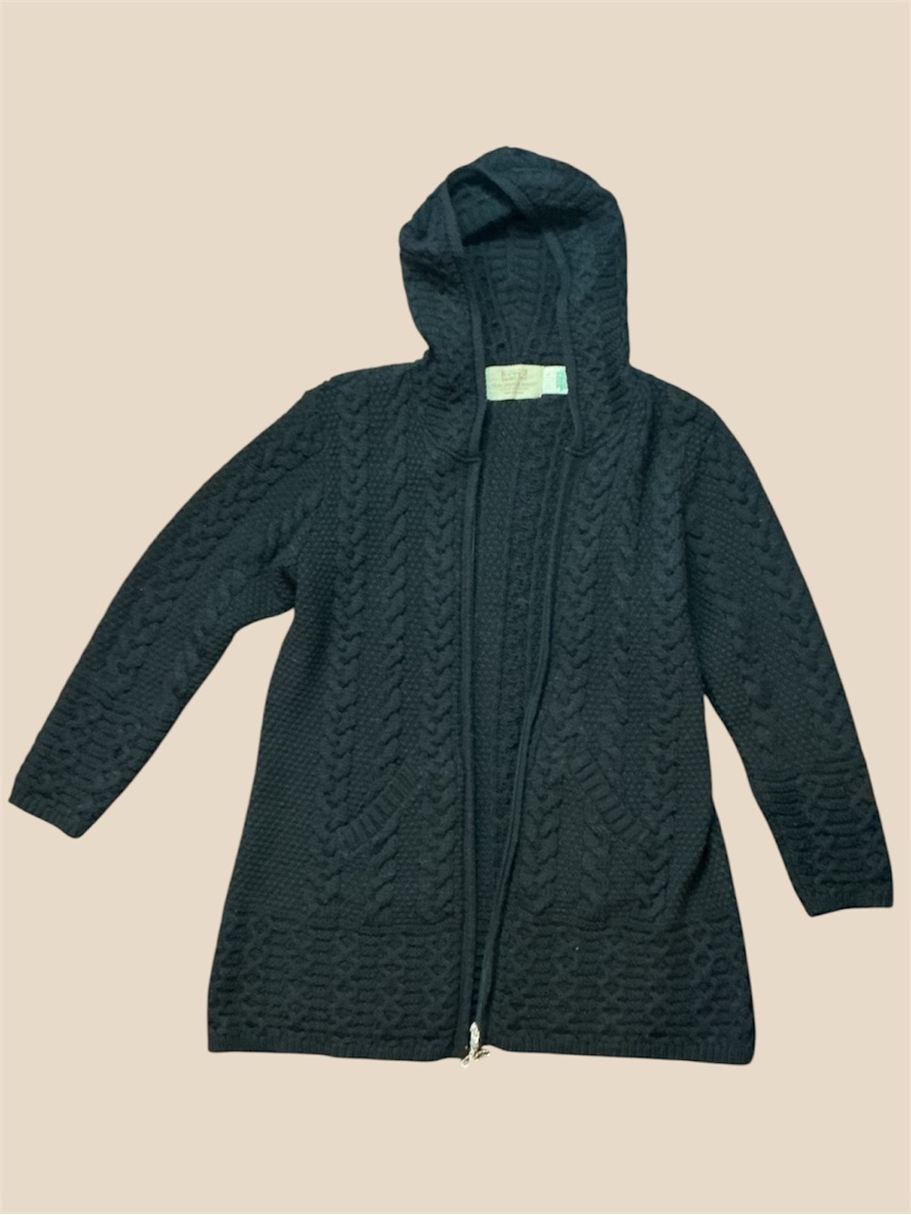 ARAN SWEATER MARKET Irish 100% Merino Wool Hooded Black Cable-Knit Zip-Front L
